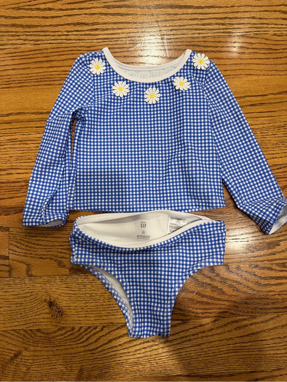 Gap Blue Gingham Daisy Long-Sleeve Swim Set, Sz 3